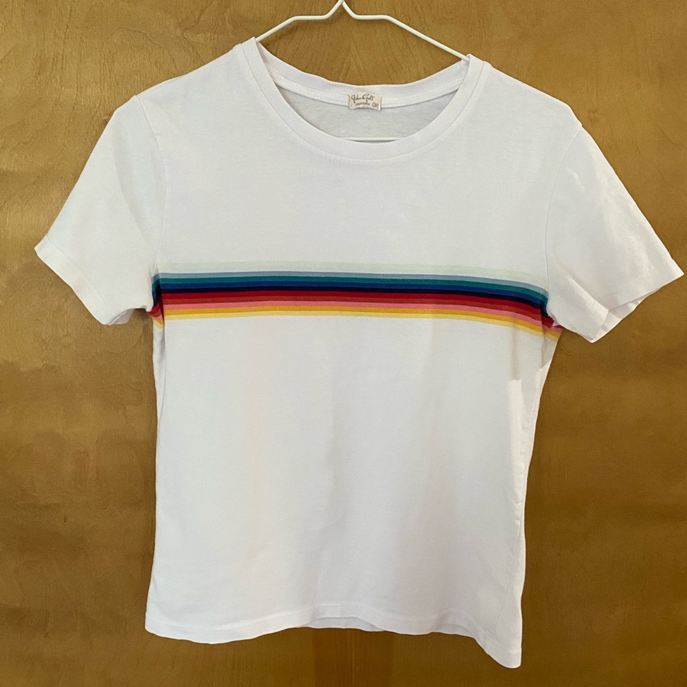 Brandy Melville John Galt White Tee with Rainbow Stripe